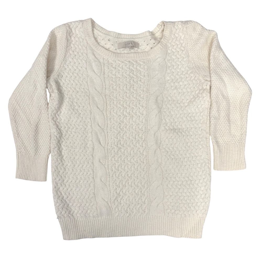 LOFT Cable Knit Sweater Cream Wool Rabbit Hair Blend Womens M 3/4 Length‎ Sleeve